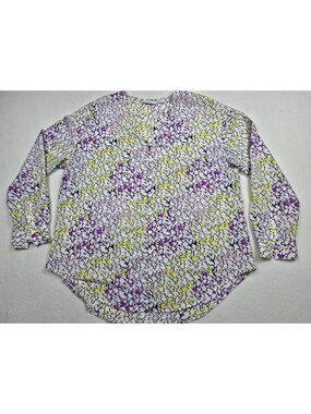 Liz Claiborne Petite Womens Floral Long Sleeve Blouse PL White Purple Yellow